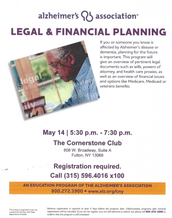The Cornerstone Club in Fulton to Host Alzheimer’s Association Workshop - “Legal and Financial Planning” on May 14