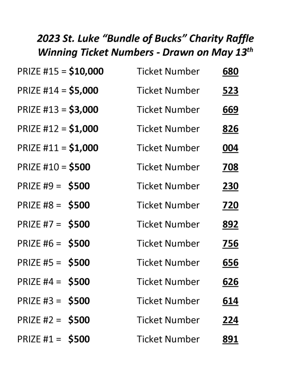 2023 St Luke Bundle of Bucks Winning Ticket Numbers POSTED 5 13 23